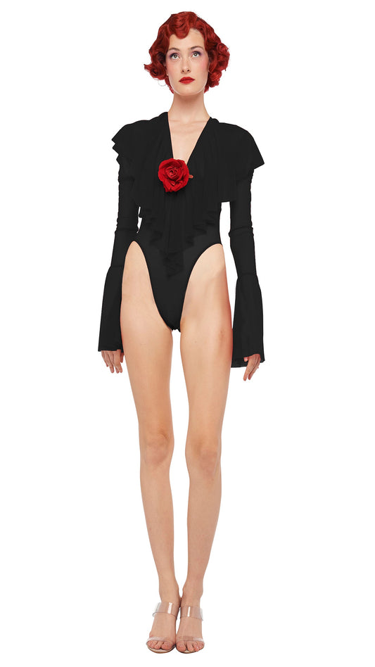 Norma Kamali LONG SLEEVE DEEP V RUFFLE BODYSUIT