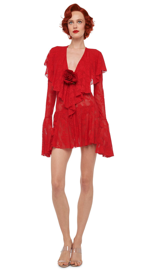 Norma Kamali LONG SLEEVE DEEP V RUFFLE MINI DRESS