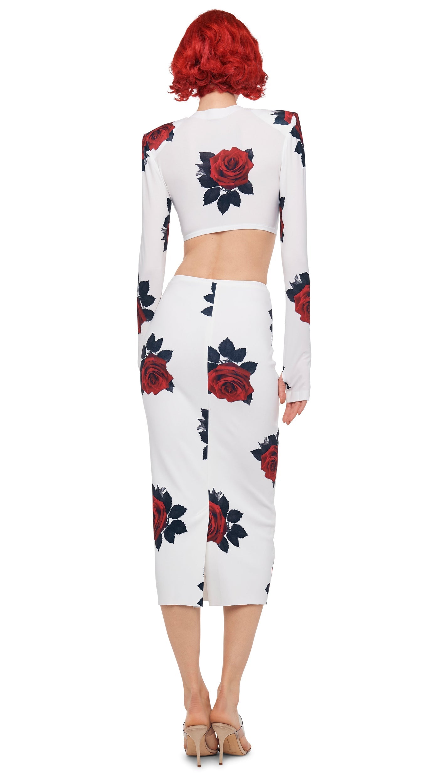 Norma Kamali CROPPED SHOULDER PAD LONG SLEEVE CREW TOP