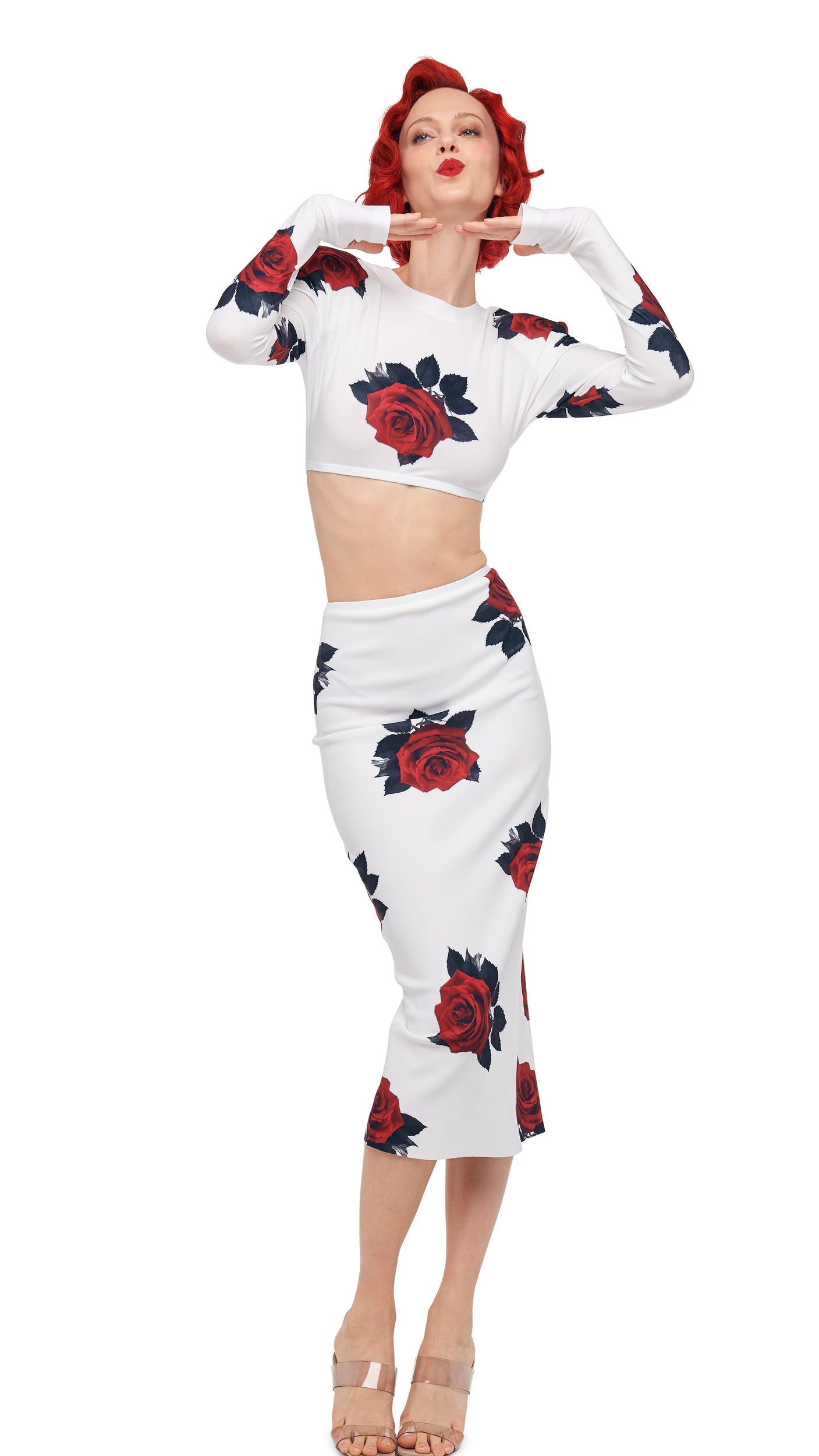 Norma Kamali CROPPED SHOULDER PAD LONG SLEEVE CREW TOP